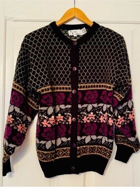 Vintage 90’s Western Connection Floral Knit Cardigan Sweater - Black & Purple